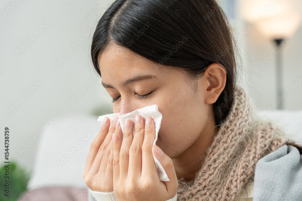sick woman with a headache sitting under blanket, female sneezing and runny nose with seasonal influenza, allergic, high fever and influenza, resting, virus, coronavirus, feel illness, respiratory sick woman with a headache sitting under blanket, female sneezing and runny nose with seasonal influenza, allergic, high fever and influenza, resting, virus, coronavirus, feel illness, respiratory