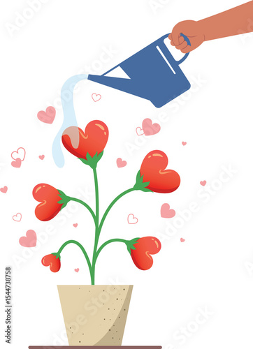 Concept of love growth up. Flower hearts shape in a pot, Watering trees concept. 