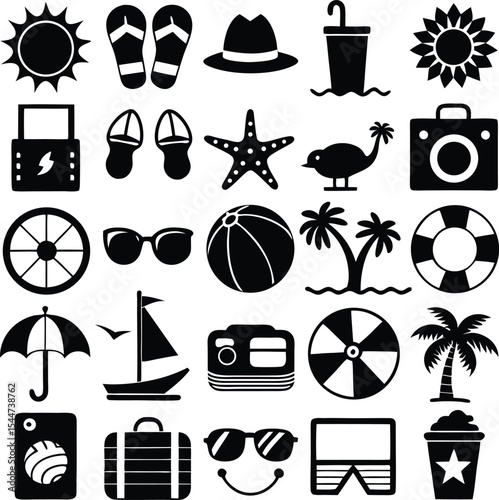 Collection of black and white summer vacation icons a diverse set of summertime symbols