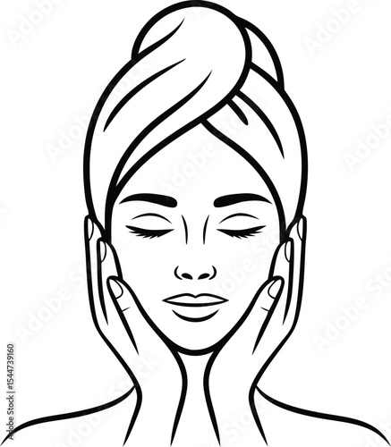 Woman Face Spa Treatment Towel Head Black Line Art