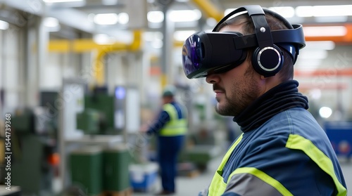 A man in reflective clothing of a noisy production works in a workshop in VR glasses