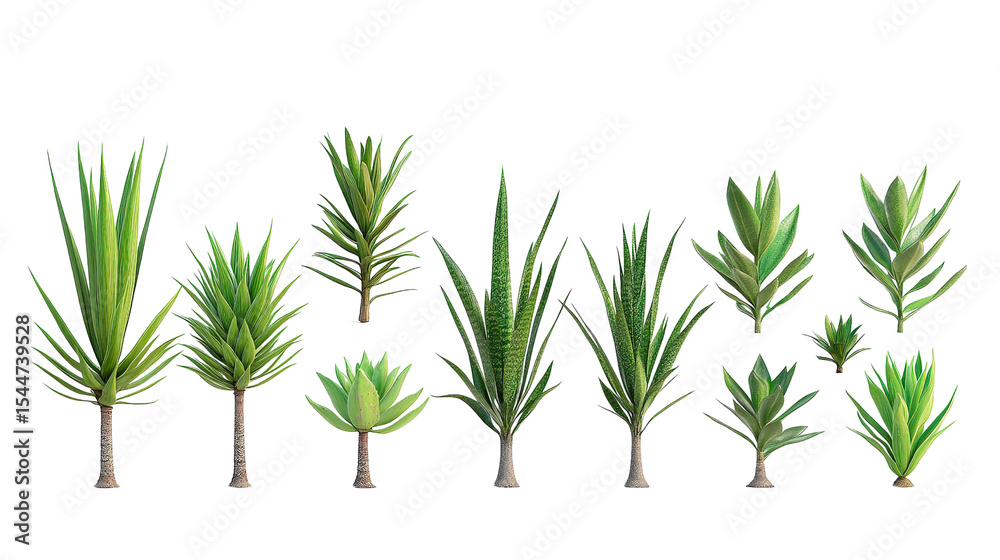 Fototapeta premium Botanical plant set featuring medium and small Yucca aloifolia species (Aloe vera, Scimitar, Spanish bayonet) organized side-by-side in front view, Transparent background, PNG file