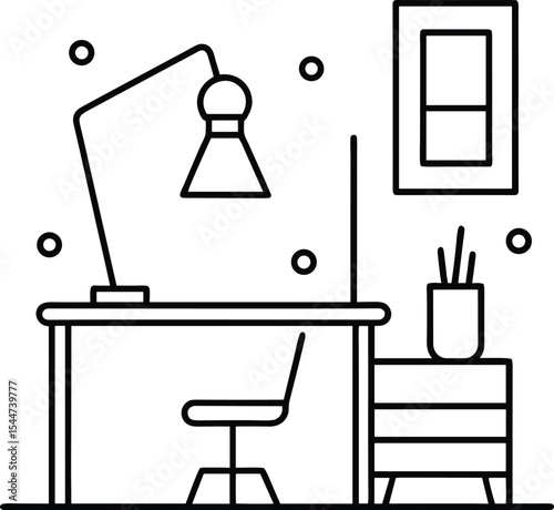 Minimal Office Desk Line Art Outline Vector, Work From Home Setup Illustration Black and White, Modern Workspace Desk Outline for Coloring Page.
