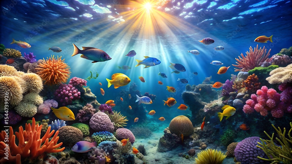 Fototapeta premium Vibrant coral reef teeming with colorful fish swimming in sunlit ocean