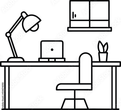 Minimal Office Desk Line Art Outline Vector, Work From Home Setup Illustration Black and White, Modern Workspace Desk Outline for Coloring Page.