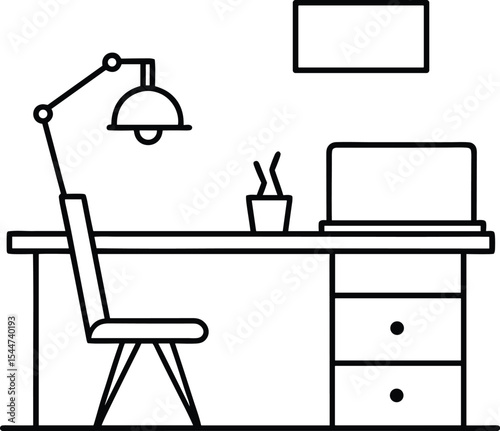 Minimal Office Desk Line Art Outline Vector, Work From Home Setup Illustration Black and White, Modern Workspace Desk Outline for Coloring Page.