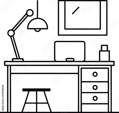 Minimal Office Desk Line Art Outline Vector, Work From Home Setup Illustration Black and White, Modern Workspace Desk Outline for Coloring Page.