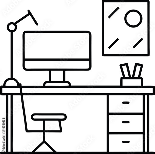 Minimal Office Desk Line Art Outline Vector, Work From Home Setup Illustration Black and White, Modern Workspace Desk Outline for Coloring Page.