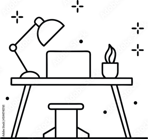 Minimal Office Desk Line Art Outline Vector, Work From Home Setup Illustration Black and White, Modern Workspace Desk Outline for Coloring Page.
