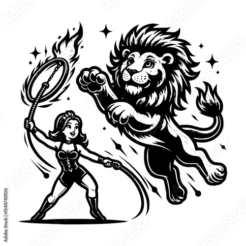 Lion tamer woman with fire whip and leaping lion