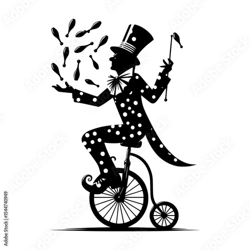 Silhouette of a juggling clown on a unicycle
