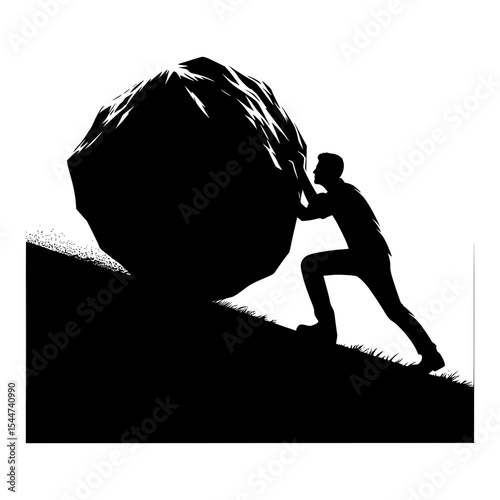 Silhouette of man pushing large boulder uphill