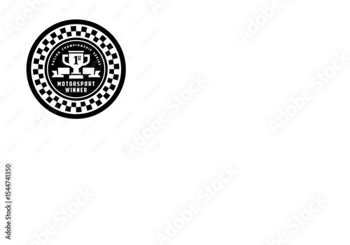 Motorsport Winner Championship Trophy Logo with Checkered Border - Black and White Racing Achievement Graphic for Branding, Apparel, and Event Design