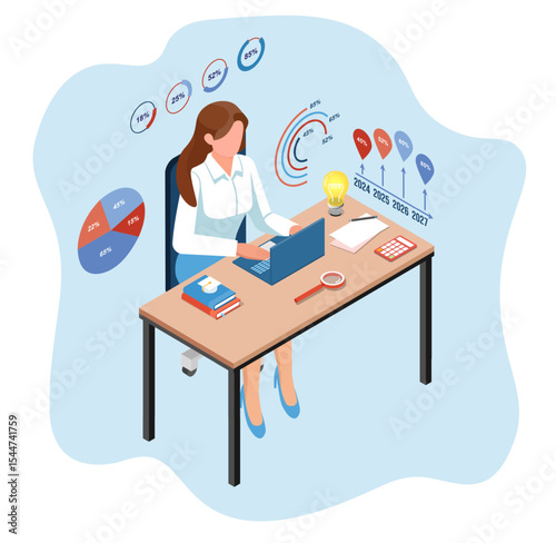 Business online education concept with woman effectively utilizing a laptop for her studies, complemented by diverse tables and charts.  Isometric flat illustration design.