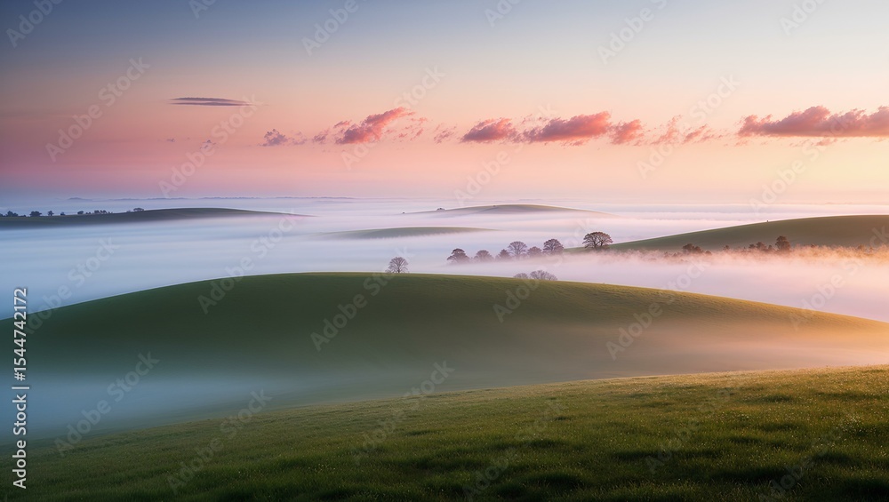 Fototapeta premium A peaceful sunrise over a foggy hill, with the soft light gradually illuminating the landscape 