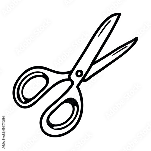 A pair of scissors with a simple design. The scissors are open, showcasing sharp blades and rounded handles. Ideal for crafting or office use.