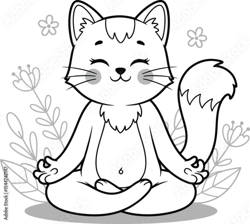 Cute cat meditating in lotus position, outline cartoon vector.