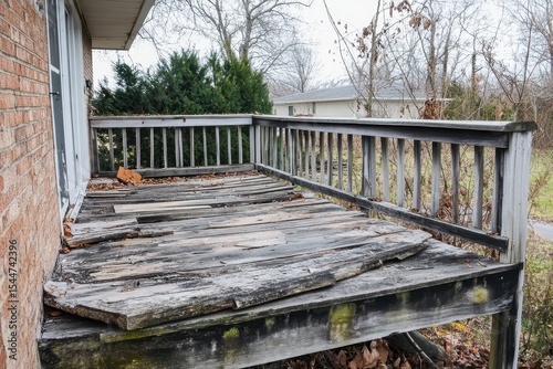 Deteriorating Wooden Deck: Rotted Rails in Need of Urgent Repair and Maintenance for Safety