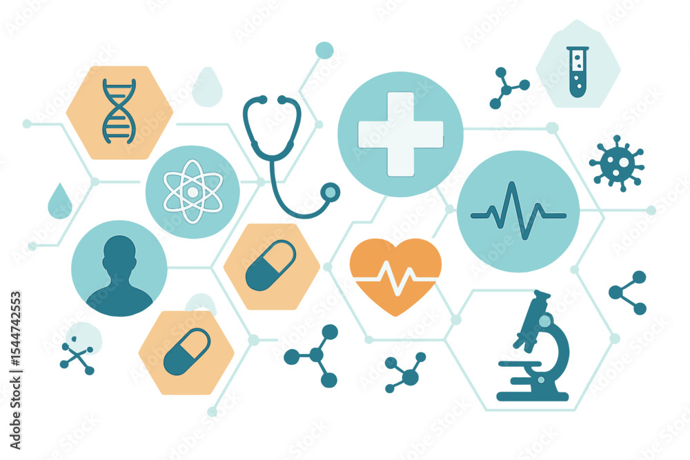 Fototapeta premium A medical background featuring flat icons and symbols in an abstract style, serving as a template design that embodies the concept and idea of healthcare technology and innovative medicine