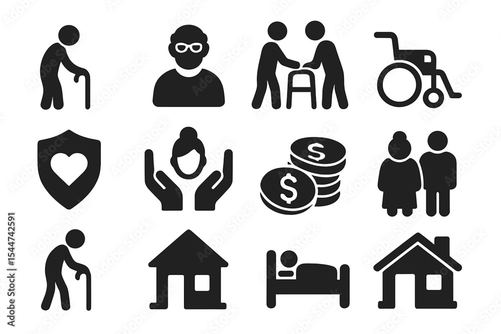 This icon set is geared towards the elderly, featuring symbols for seniors, retirement, caregivers, accessibility, health, care, pensioners, generations, hospices, ageing, and nursing homes, all in a