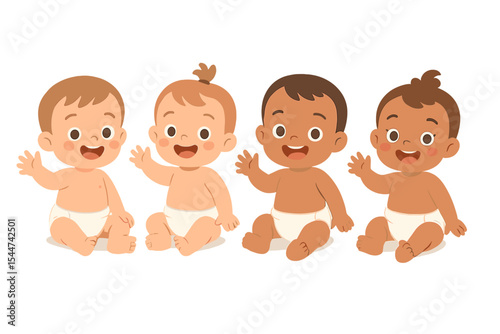 Adorable infants in diapers gathered together, surrounded by cheerful kids, with both girls and boys beaming and waving their hands, as depicted in a vector illustration set against a white