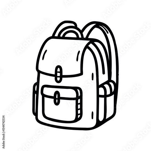 A simple line drawing of a backpack with a front pocket and two side pockets. The design is minimalistic and suitable for various uses.