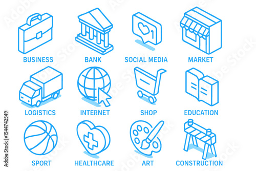 Blue 3d web symbols set, including vector illustration of isometric line icons for various industries such as business, bank, social media market, logistics, internet technology, shop, education