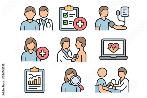 Medical care patient diagnosis icon collection and health checkup line icon set with editable strokes