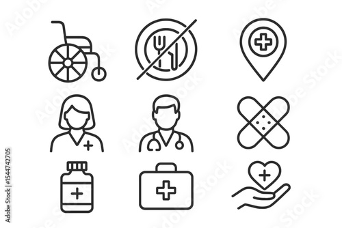 This set of vector line icons is related to medical assistance and includes symbols like a wheelchair, special diet, and hospital locator, among others, with editable strokes and a 48x48 pixel