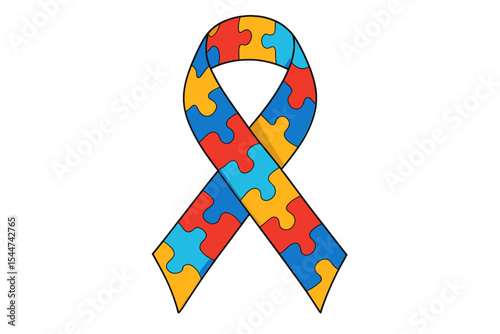 A vibrant satin ribbon with a puzzle pattern serves as a symbol for autism awareness, depicted in a vector illustration set against a white background
