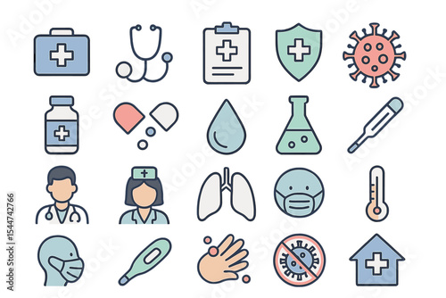 A set of medical vector icons is available, featuring line icons, signs, and symbols in a linear design, covering medicine, healthcare, and the Coronavirus COVID-19 pandemic, as well as mobile