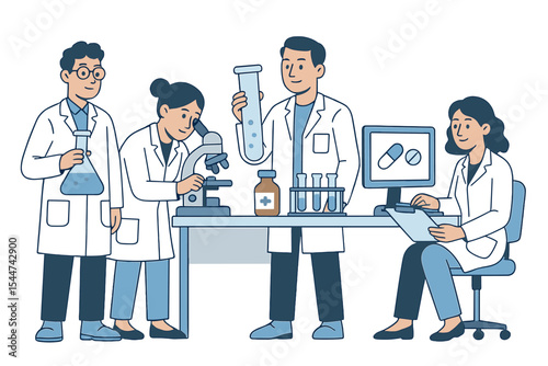 Researchers are depicted as characters, with chemists working in a pharmaceutical laboratory, conducting research using medical equipment, and performing clinical tests with a microscope, as part of