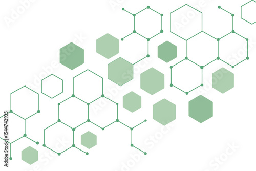 Vector illustration representing a geometric abstract background composed of green hexagons, symbolizing molecular structure, communication, and concepts related to science, technology, and medicine