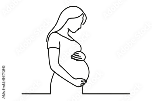 Single continuous line art of a pregnant woman, representing a healthy silhouette and a concept of healthcare and medicine during pregnancy, depicted in a white vector illustration with one sketch