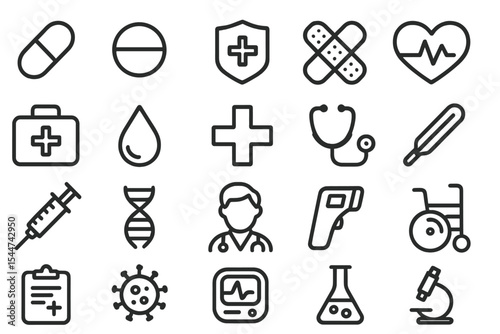 A minimal collection of medical and health line icons with editable strokes is available