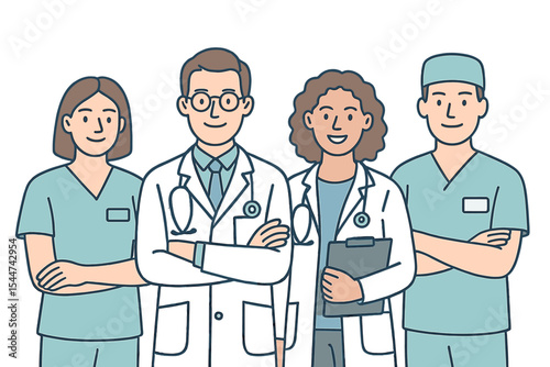 Vector illustration in flat linear style featuring characters including a medical team, a group of doctors and nurses standing together, symbolizing hospital staff and health insurance for use in web