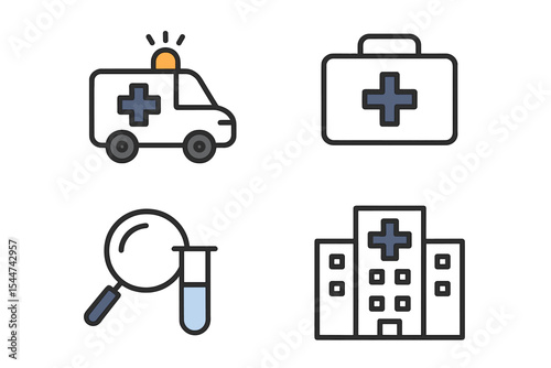 A collection of simple healthcare and medical line icons suitable for websites and mobile applications, featuring symbols like ambulances, first aid, research, and hospitals, all in 48x48 pixel