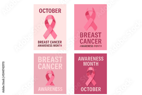 A collection of posters for breast cancer awareness month, which takes place in October, featuring a realistic pink ribbon symbol, created as a vector illustration