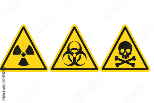 Warning signs that are yellow in color, including radiation, biohazard, and toxic symbols, indicate danger