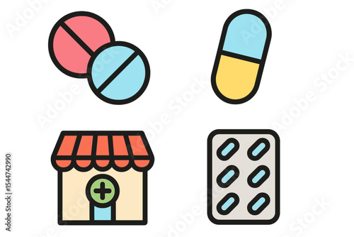 Collection of pharmaceutical symbols, including tablets, capsules, and representations of a chemist or drugstore