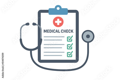 A flat design vector illustration in a simple and modern style depicting a health checkup concept metaphor with a clipboard, stethoscope, and medical check form report in eps10 format