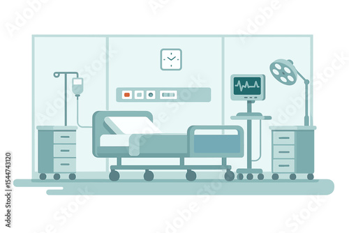 A hospital ward is depicted with an empty emergency room and intensive therapy rooms equipped with medical equipment in a vector flat interior illustration
