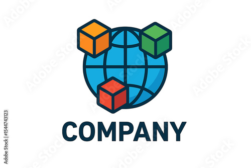 The design of a company logo features a business theme, incorporating vector elements, cubes, and a globe