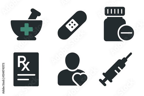 A collection of solid vector icons for pharmacy, including symbols for medicine, bandages, medication, prescriptions, treatment, health, and syringes