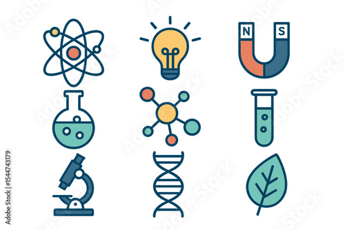 The concepts of science, including physics, chemistry, and biology, are represented in a flat design