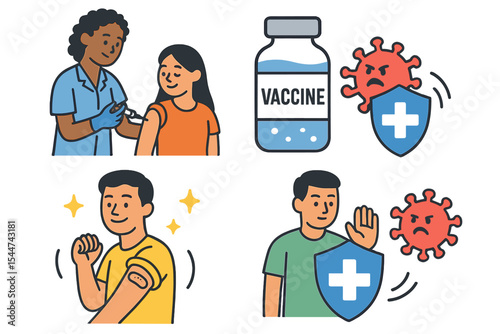 Vaccination is depicted through a set of vector illustrations that include simple and fun background pictures about vaccine action, immunity, and health