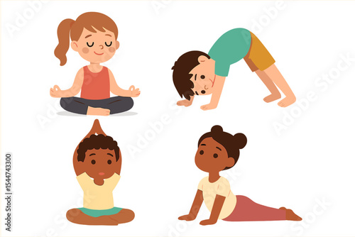Vector cartoon characters of children engaging in various yoga poses as a healthy sport, including illustrations of boys and girls exercising