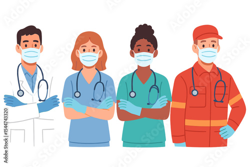 A collection of cheerful medical professionals, including doctors, nurses, and paramedics, is depicted in portraits