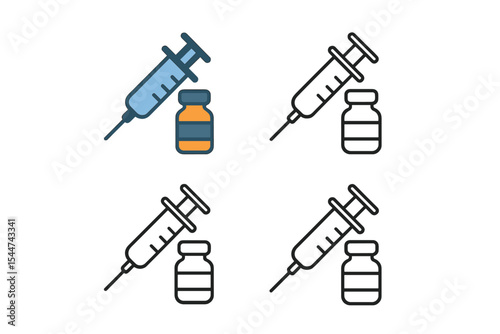 Vector illustrations of vaccine icons are available in various styles, including two-colored and black designs in filled, outline, line, and stroke formats for use in web, mobile, and UI applications