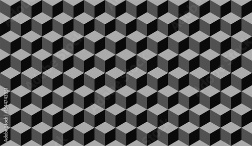 Gray 3d cube seamless isometric pattern background vector geometric texture. Dark gray 3d cube backdrop squares.